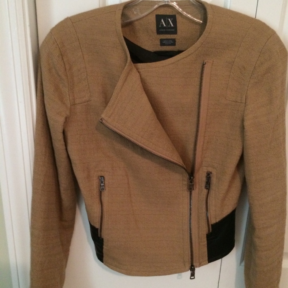 A/X Armani Exchange Tan Moto Jacket, Black Faux Leather Trim, XXS